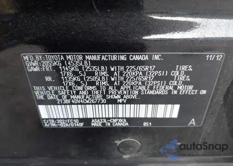 2012 Toyota Rav4 from USA, damaged, VIN 2T3BF4DV4CW267730
